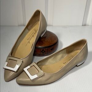 Gabriele Leather Loafers Ballet Shoes Size 8 Buckle Tan Italy Point Toe Flats